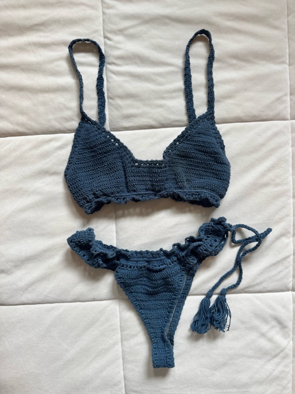 Crochet Bikini Set - Deep Teal Blue Swim Top & Tie-Side Bottom